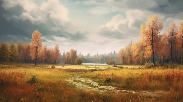 Autumn Landscape With A Lawn Overgrown With Dry Grass In Front Of A Forest And A Picturesque Cloudy Sky, Golden Autumn. AI Generation