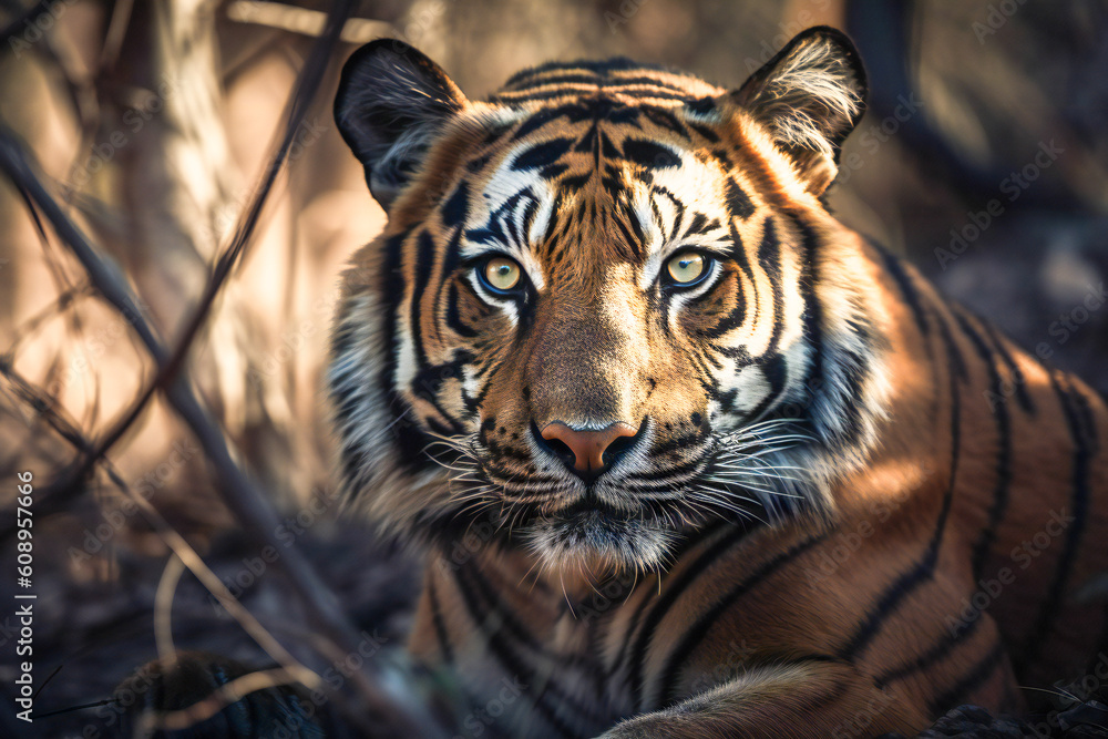 Poster tiger in nature. created with generative ai technology.