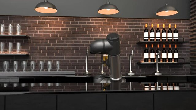 A robotic arm pours and serves beer at the bar counter, Robots are serving beer.