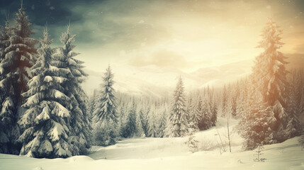 Fototapeta na wymiar Vintage Christmas wallpaper, Winter landscape with snow and trees AI generative 