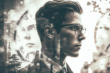 Illustration of a young man, double exposure with a clock. Time travel or time related concept. Fictional character. Created with Generative AI technology.