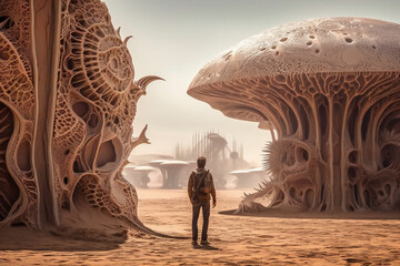 Weird alien structures on an alien planet. Created with Generative AI technology.