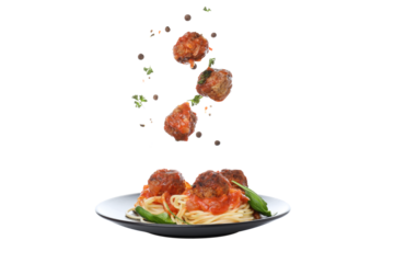 PNG, Concept of delicious food - pasta with meatballs, isolated on white background