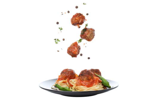 PNG, Concept of delicious food - pasta with meatballs, isolated on white background