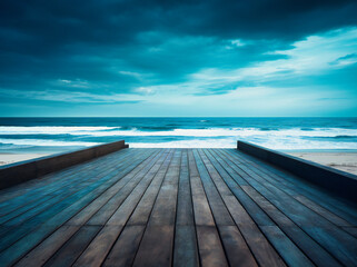 an outdoor wooden deck on a beach to the blue sky