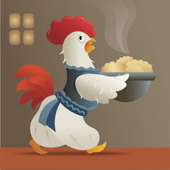 Illustration of a rooster holding a dish full of hot dumplings, traditional clothing, ukrainian cuisine mascot