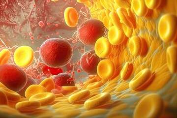 Illustration showing how erythrocytes and cholesterol cells Generative AI - obrazy, fototapety, plakaty