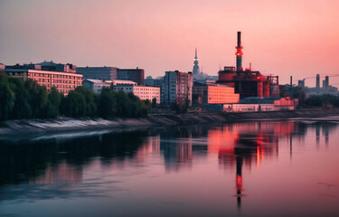a city with industrial buildings near a river