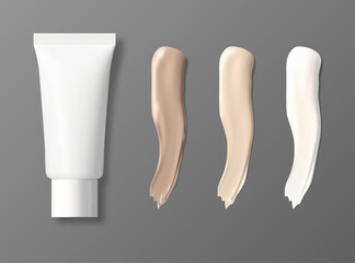 Cosmetic foundation swatches and tube mockup on white background