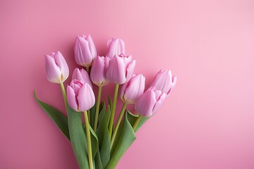 Pink Tulips Flowers Bouquet with Pink Background
