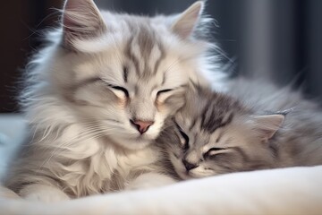 Cute Siberian Cat with The Kitten In A Sleep