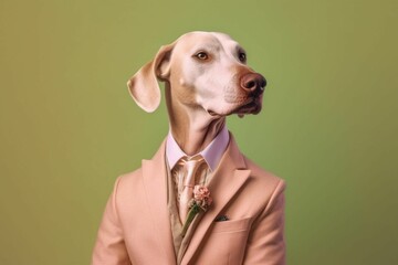 Beautiful hunting dog wearing a men suit, a shirt and a tie in pastel colors. Surreal design for pet shop or men fashion boutique ad. Illustration. Generative AI