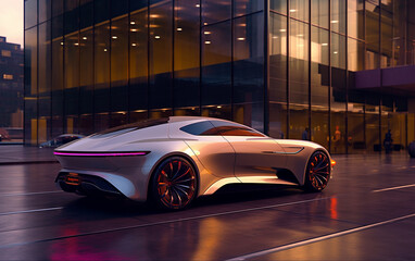 Fototapeta na wymiar Future concept car, The body design is characterized by its breathtaking beauty, elegant sophistication, and an ultra-modern appearance, with a futuristic form that adheres to a minima Generative AI
