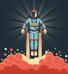 Obraz premium Astronaut in spacesuit with jetpack takes off amidst clouds of smoke. Vector retro illustration. Comics style.