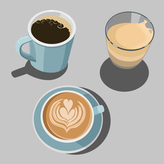 Vector illustration of three different coffee: cappuccino, latte and americano - 608961811