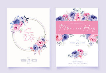 Wedding vector floral invitation, invite invitation thank you, rsvp card watercolor design set: garden flower pink blue lilac peach Rose