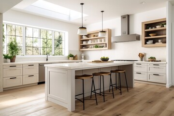 Fototapeta premium Bright, Spacious and Modern Farmhouse Style Kitchen Created with Generative AI
