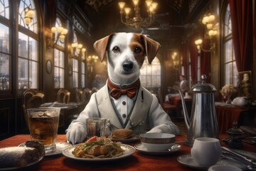 Aristocratic jack russell portrait at dinner in a restaurant created with Generative AI technology
