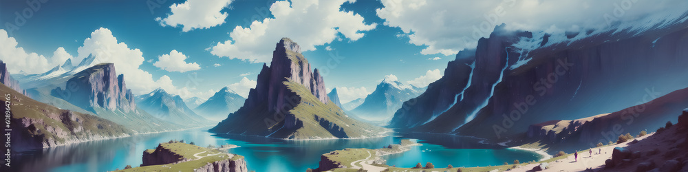 Wall mural A Mountain Landscape with a Surrounding Lake. Trees and Rocks. Generative AI