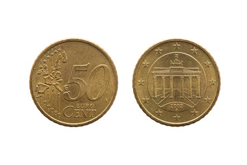 Fifty cent euro coin of Germany dated 2002 a German currency showing the Brandenburg Gate in Berlin...