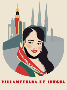 Villamediana de Iregua: Beautiful vintage-styled poster with a woman and the name Villamediana de Iregua in La Rioja