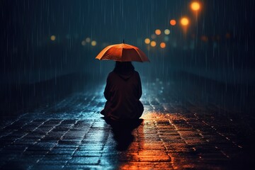 A person in raincoat with umbrella sitting on the road at night