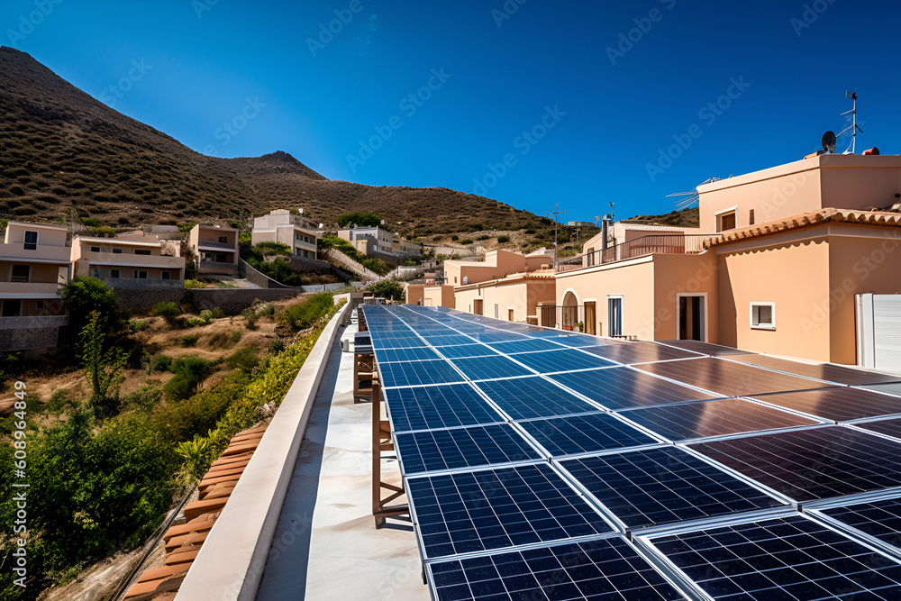 Wall mural row of solar panels in houses in the mountains.alternative energy sources.generated by ai generative
