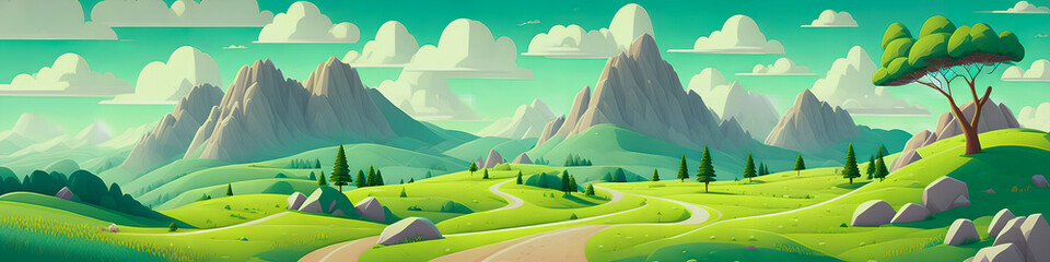 Obraz premium A Mountain Landscape with Surrounding Rocks. Abundant Greenery. Blue Sky. Enchanting Atmosphere. Generative AI