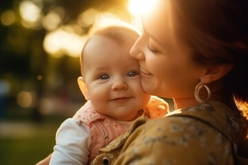 Happy mother with baby outside made with Generative AI technology