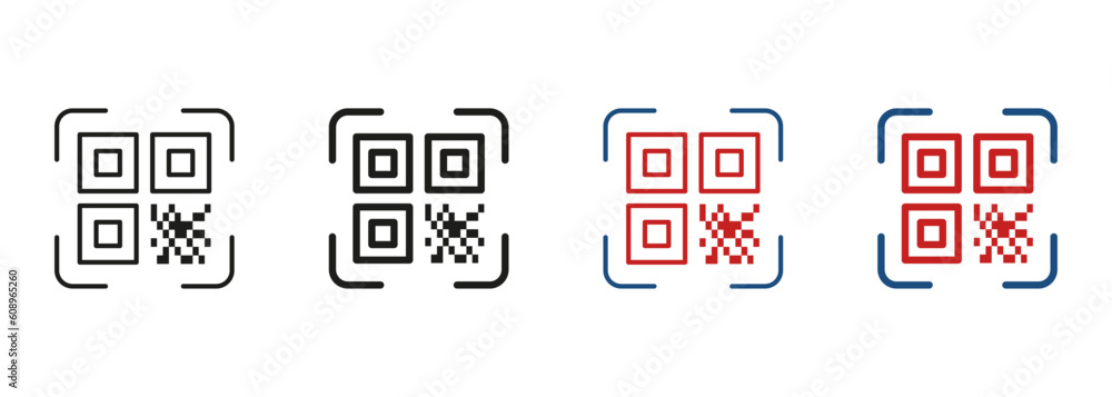 Poster qr code scanner line and silhouette icon set. instruction to get info. technology application for id
