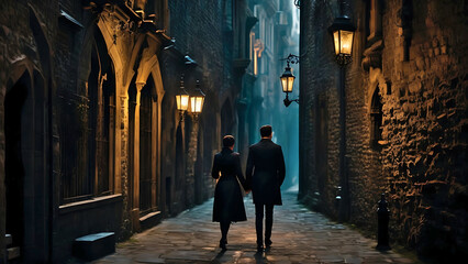 Fototapeta na wymiar A romantic couple strolling through a street at night, created with Generative AI.
