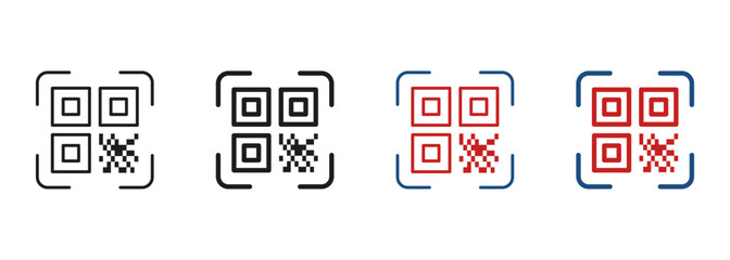 QR Code Scanner Line and Silhouette Icon Set. Instruction to Get Info. Technology Application for Identification Product Symbol Collection. Scan Qrcode Pictogram. Isolated Vector Illustration