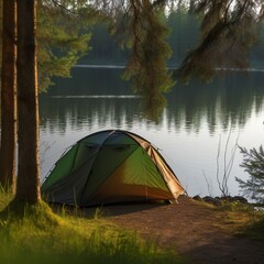 Tent on shore by lake outdoors in fall in sunny autumn morning . Relaxation and travel outdoors concept. generative ai