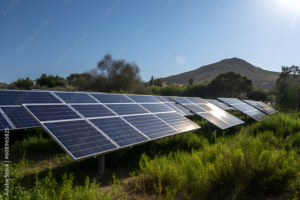 Wall mural row of solar panels on the green background.alternative energy sources.generated by ai generative ai