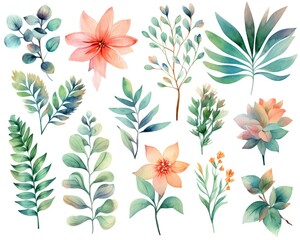 Illustration of flowers and leaves by watercolor paint on white background, Generative AI