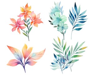 Obraz na płótnie Canvas Illustration of flowers and leaves by watercolor paint on white background, Generative AI