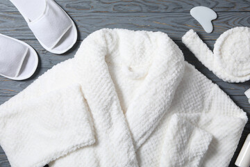 Bath accessories and supplies, composition with bathrobe - obrazy, fototapety, plakaty