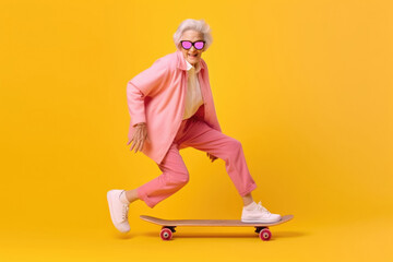 Extravagant funky old woman on skateboard created with Generative AI technology