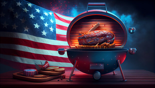 Barbecue on Independence Day in the USA flag concept. 4th of july day. American flag for Memorial Day, white graves, 4th of July, Labour Day. Ai generated image