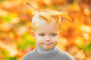 Little boy child with yellow leaves on head in autumn park. Autumn dream. Kid dreams on autumn...