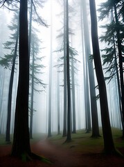 Detailed forest chilled by warm fog.
