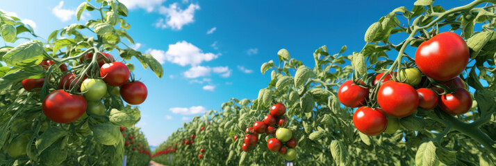 tomato field on summer day - obrazy, fototapety, plakaty