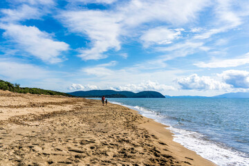 Large and sandy beach in the Rimigliano Park, protected area in the municipality of San Vincenzo,...