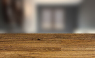 Spacious bathroom in gray tones with heated floors, freestanding tub. 3D rendering., Background with empty wooden table. Flooring.