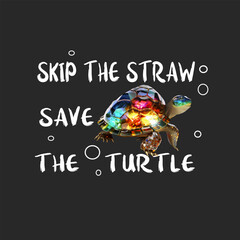 Skip the straw. Sea ​​turtle, colourful, decorated with emeralds, rubies, precious ornaments. Vector. Gold, crystals