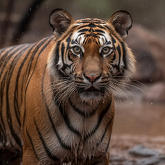 Fototapeta premium Indian male tiger with first rain wildlife in natural habi. Generative AI.