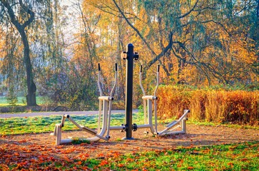 Sport theme with outdoor gym. The exercise apparatus in the autumn park. - 608967882