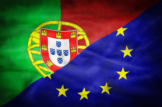 Portugal and European Union mixed flag. Wavy flag of Portugal and European Union fills the frame.