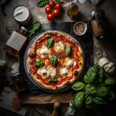 Fototapeten Fresh Homemade Italian Pizza Margherita with buffalo mozzarella and basil © STORYTELLER AI