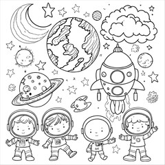 Coloring Paper Doodle, Astronaut Kids, Rocket and Galaxy